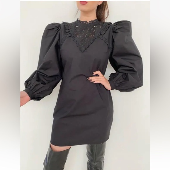 Zara Black Long Poplin Puff Sleeves Mini Dress Women’s Size XL Bloggers Favorite - Picture 6 of 12